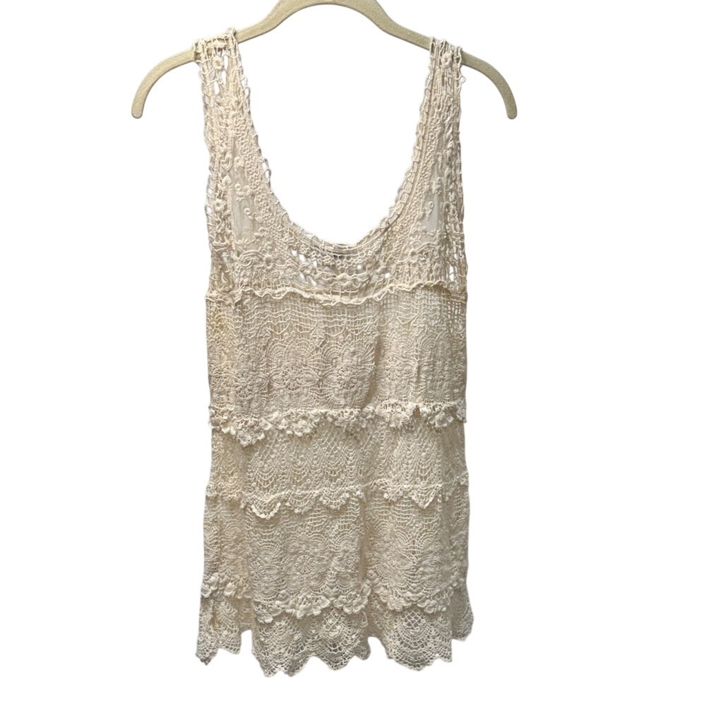 Solitaire by Ravi Khosla Womens Cream Crochet Tiered‎ Ruffle Cotton Tank Top M